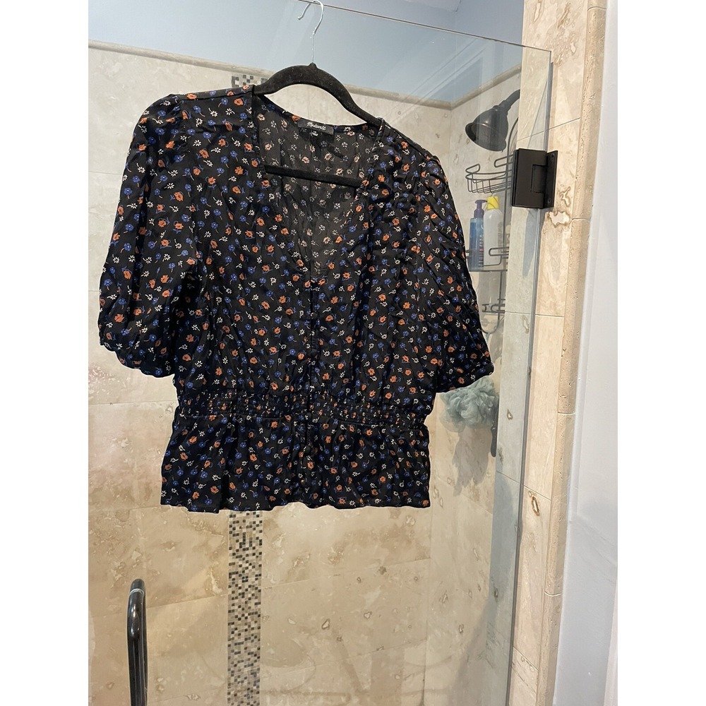Madewell Peplum Blouse Daisy Fall Floral Print Blue Red Smocked Size 10
